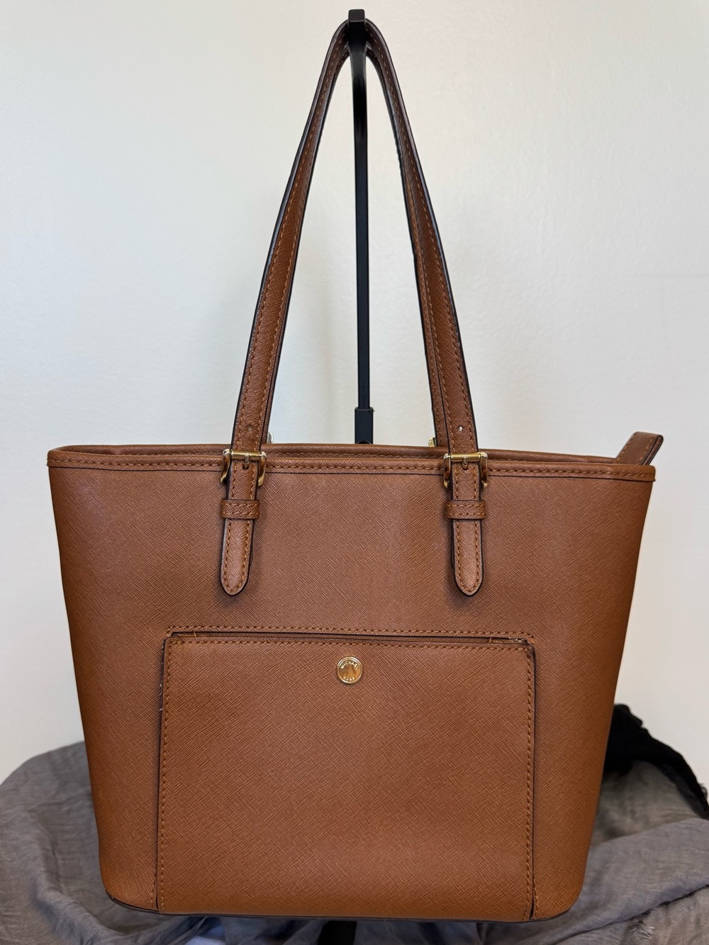 Michael Kors Jet Set Medium Top Zip Snap Pocket Saffiano Leather Tote Acorn